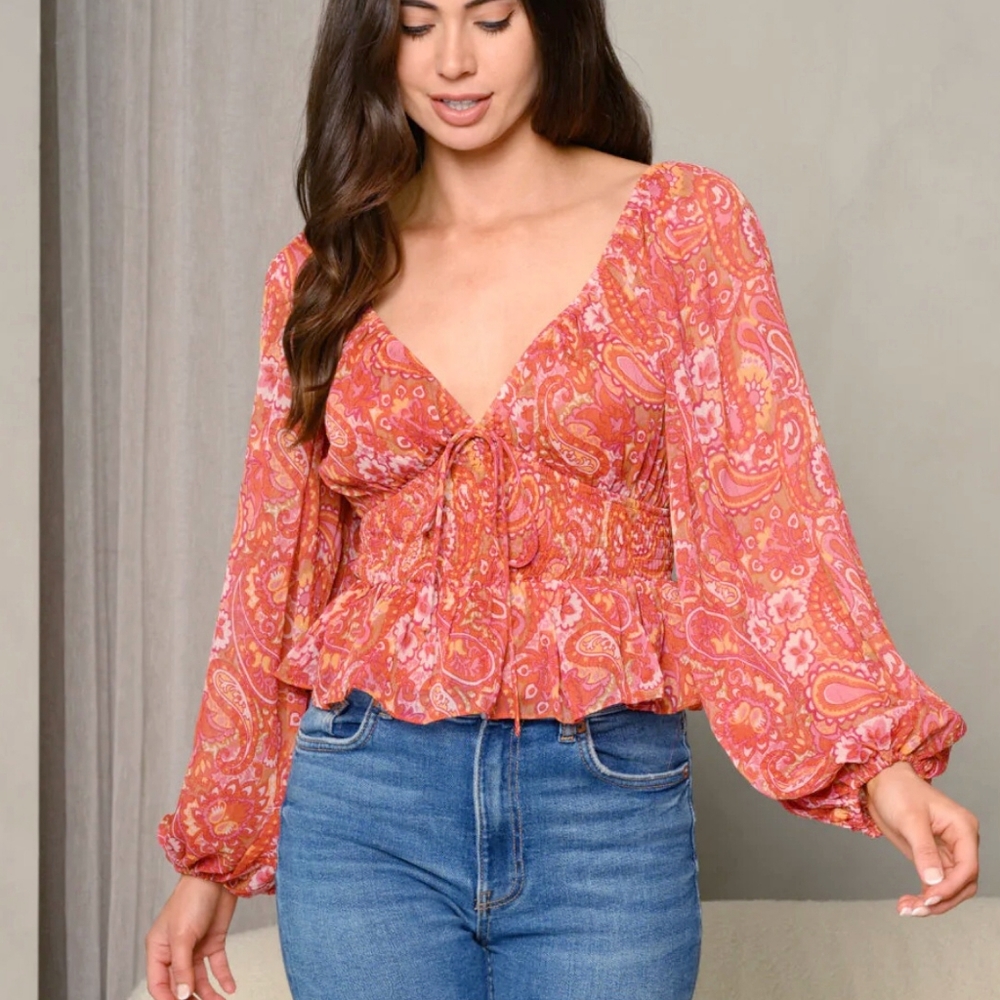 Jacquie The Label Boho Spicy Rust Long Sleeves Top